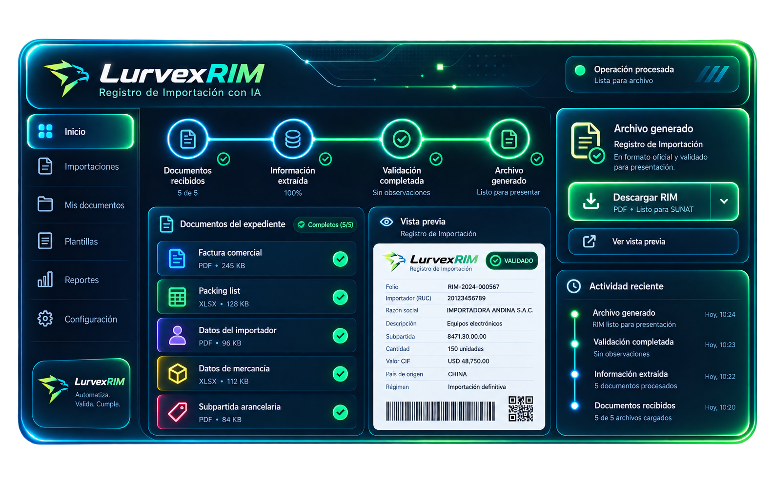 Interfaz de LurvexRIM con documentos, estado de la operación y archivo preparado