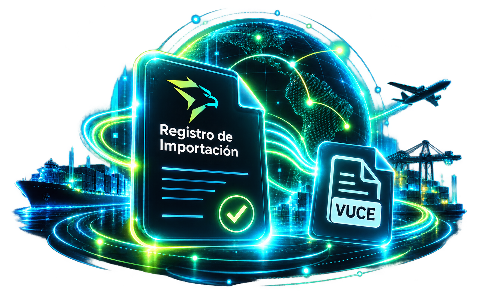 Visual futurista de Registro de Importación, VUCE y comercio exterior